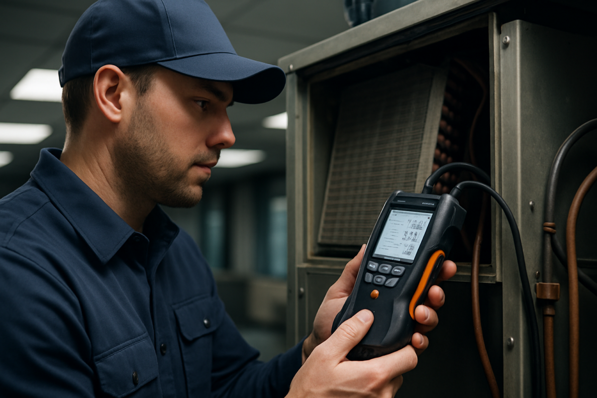 equipment financing for HVAC contractors — HVAC technician working on commercial rooftop unit with service van parked nearby