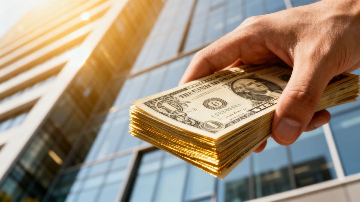 Hand holding dollar bills with office building background.