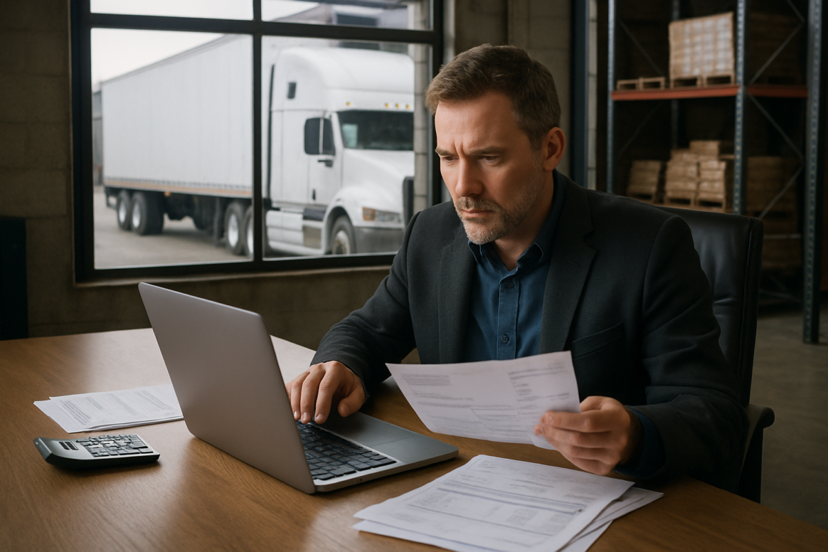 revenue based loan for trucking company — fleet of semi trucks parked at a logistics hub, professional commercial setting