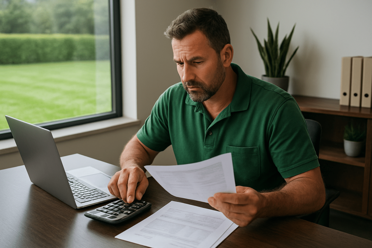 working capital loan for landscaping company — landscaping crew working in a commercial property with green lawn and professional equipment